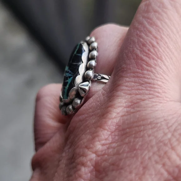 Handmade Sterling Silver 925 Black Jack Turquoise Ring Star Shot Size 6 - Picture 3 of 8